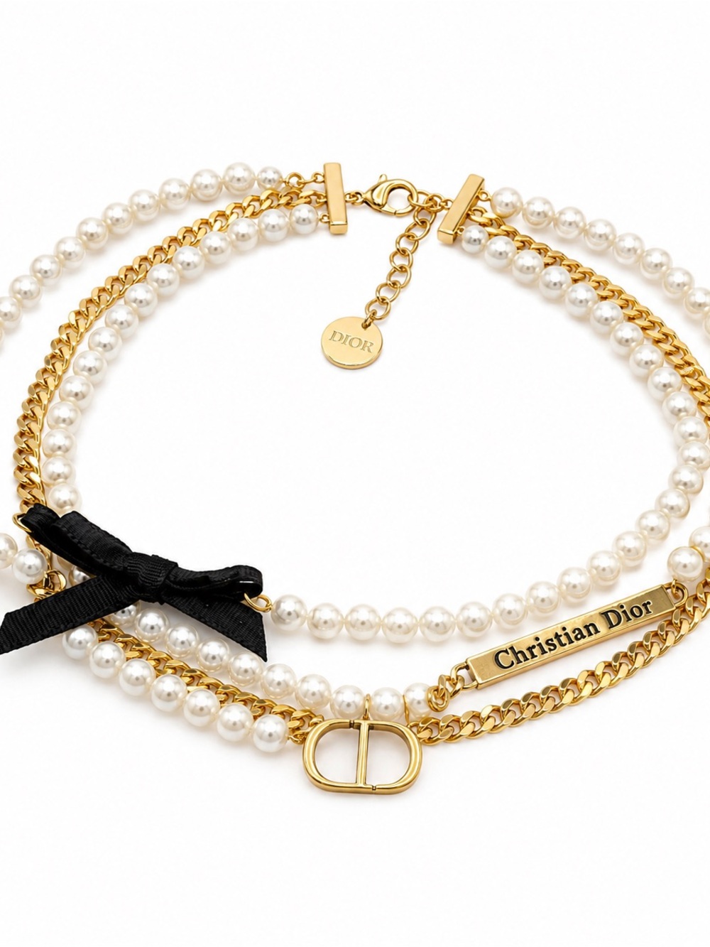CD Gold & Pearl Multi-Strand Choker with Black Bow